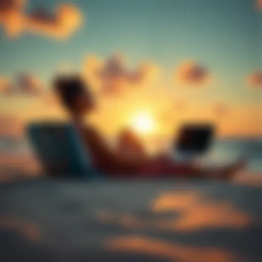 A person relaxing on a beach with a laptop, symbolizing financial freedom through cryptocurrency, while looking calm and content.