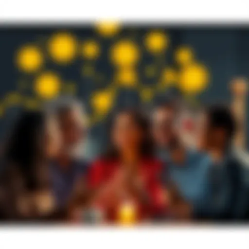 A group of diverse people discussing cryptocurrency investments with digital currency symbols above them.