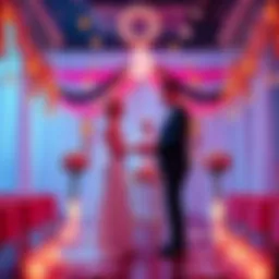 A wedding ceremony decorated with blockchain and cryptocurrency symbols, featuring a couple exchanging vows with digital elements in the background.