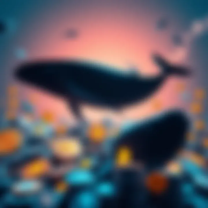 A graphic showing large whale silhouettes surrounded by various cryptocurrency icons, representing exchanges stockpiling digital assets.