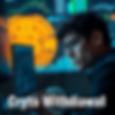 A frustrated person looking at their computer screen while trying to withdraw funds from a crypto exchange, with a Bitcoin logo in the background.