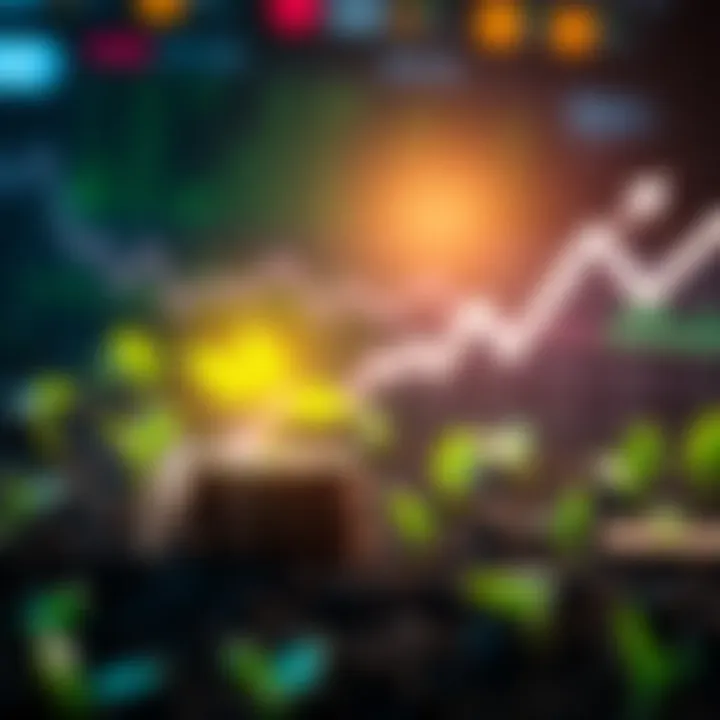 A digital representation of cryptocurrency yield farming, featuring coins growing like plants alongside a graph showing upward trends, symbolizing potential profits amidst cautious market conditions.