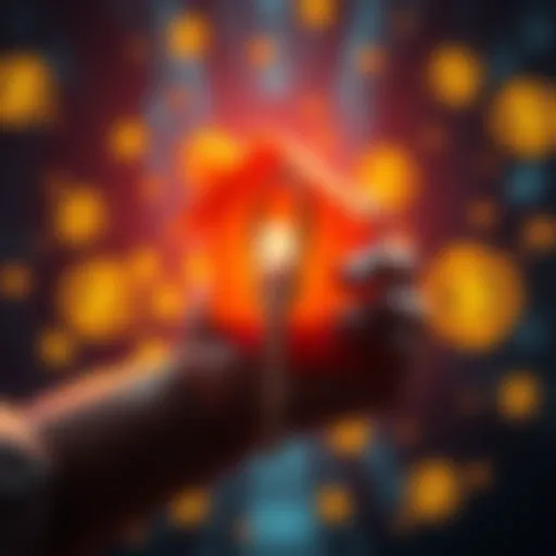 Crypto-Backed Mortgage Concept A person holding a house key with cryptocurrency symbols in the background, representing the new mortgage option from Coinbase.