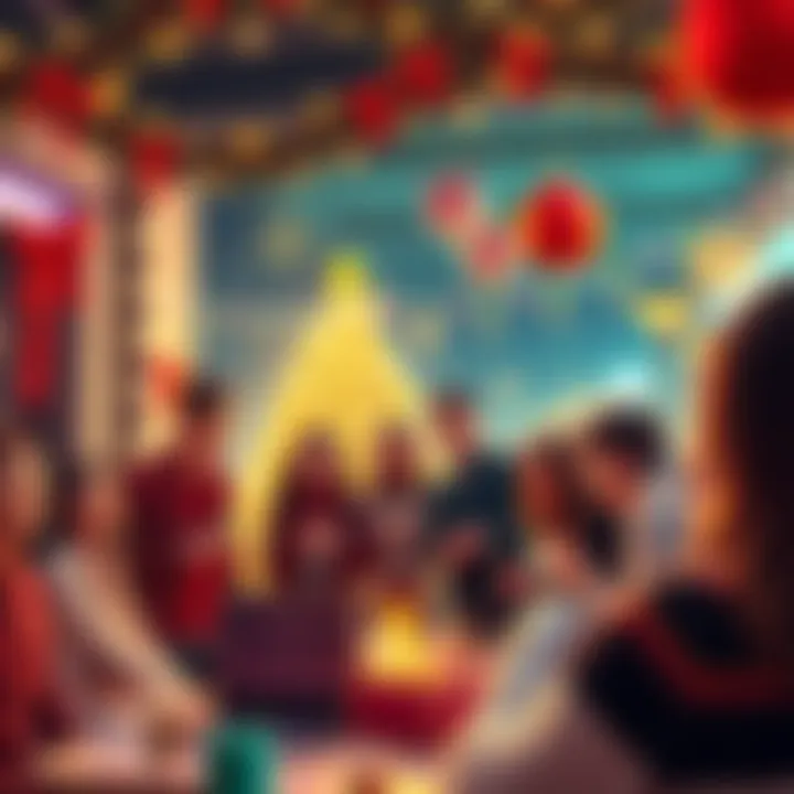 A group of young people celebrating the holiday season with festive decorations and cryptocurrency themes, enjoying games and contests.