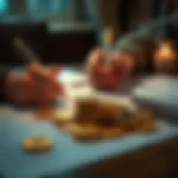 A person writing a will with cryptocurrency coins on the table, symbolizing planning for digital assets after death