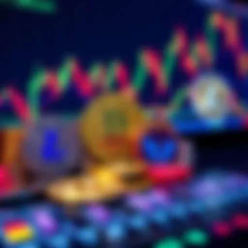 A variety of colorful cryptocurrency coins, including lesser-known ones, displayed prominently on a digital trading platform, with Litecoin in the background