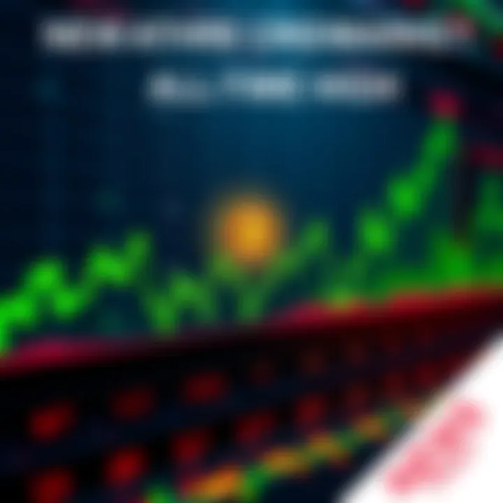 A graph showing a sharp increase in cryptocurrency values, with Bitcoin leading the surge and bright green indicators, symbolizing the market's new milestone.