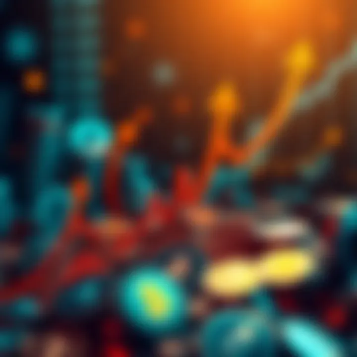 A digital representation of various cryptocurrencies with upward arrows indicating growth and change in the market