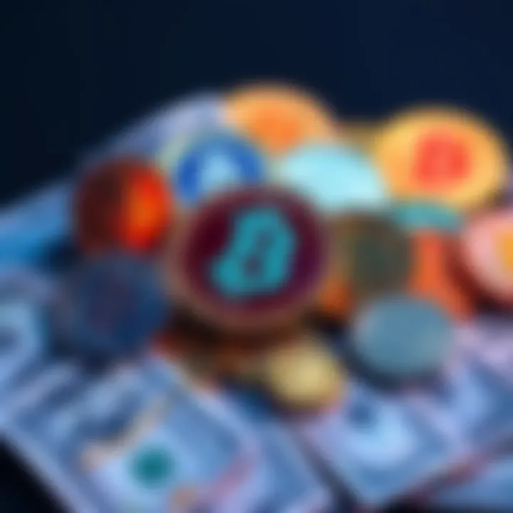 A visual representation of a cryptocurrency portfolio with different coins and dollar bills, indicating investment strategies.