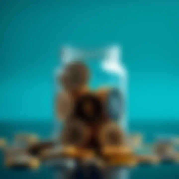 A collection of popular cryptocurrencies like Bitcoin, Ethereum, and Cardano stacked with a retirement savings jar, symbolizing long-term investment,