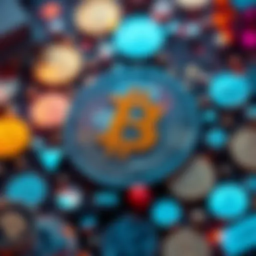 Cryptocurrency symbol with digital currency elements A close-up of a cryptocurrency symbol surrounded by various digital currency icons, representing fast payments and privacy in finance.