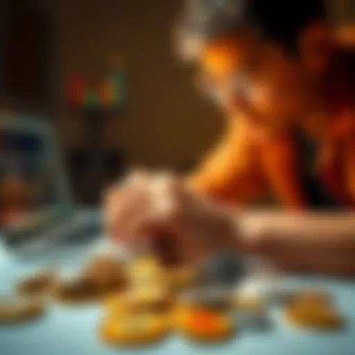 A person examining various cryptocurrency coins on a table, with a laptop and social media icons in the background