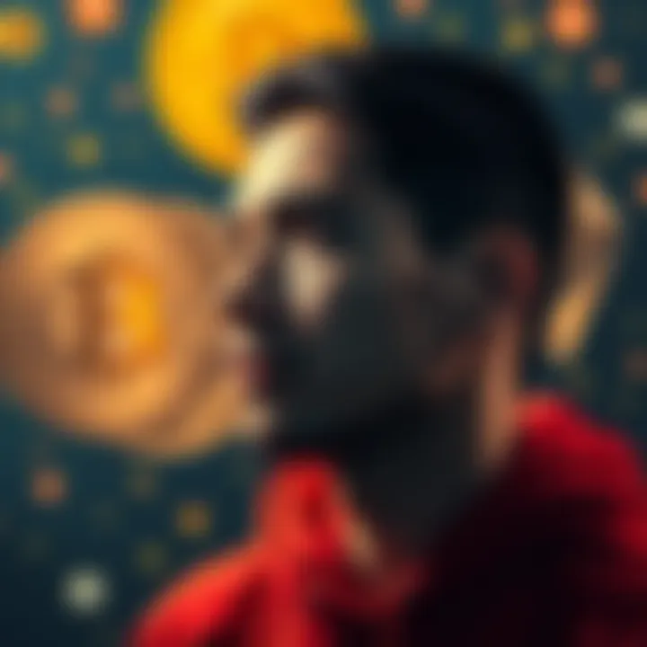 A person contemplating between holding altcoins and selling for Bitcoin and Ether, with digital currency symbols in the background.