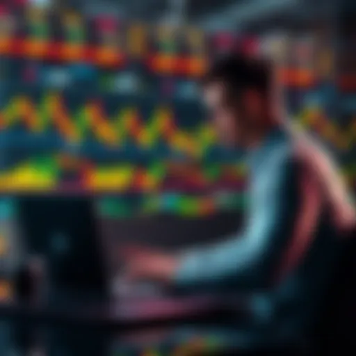 A coach guides a person through cryptocurrency trading on a laptop, with charts and blockchain visuals in the background.