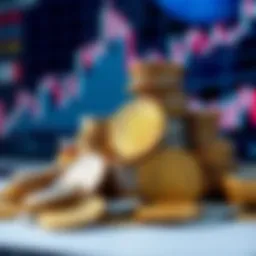 Various cryptocurrency coins stacked with digital charts in the background illustrating market trends.