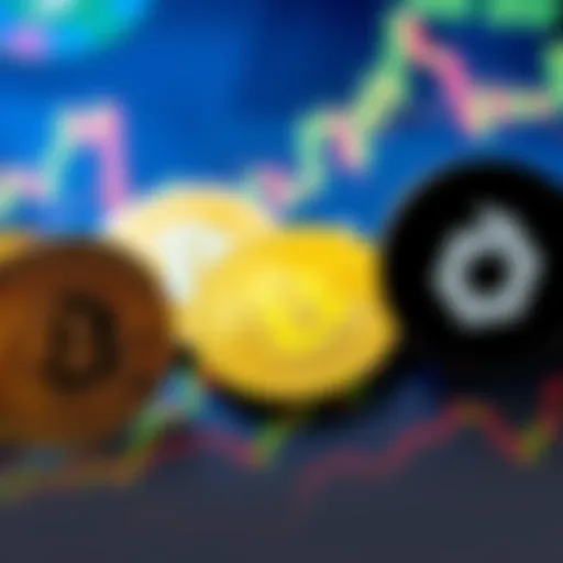 A collection of cryptocurrency coins with logos for SEI, SUI, Syrup, and Ondo on a chart showing rising market trends.