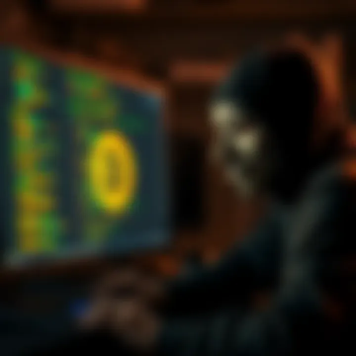 A computer screen displaying code related to Bitcoin creation with a masked individual working in the background
