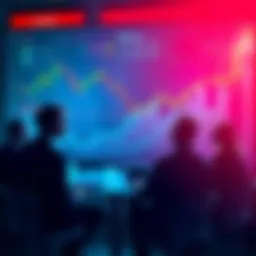 A group of people discussing cryptocurrency investments with charts and graphs in the background.