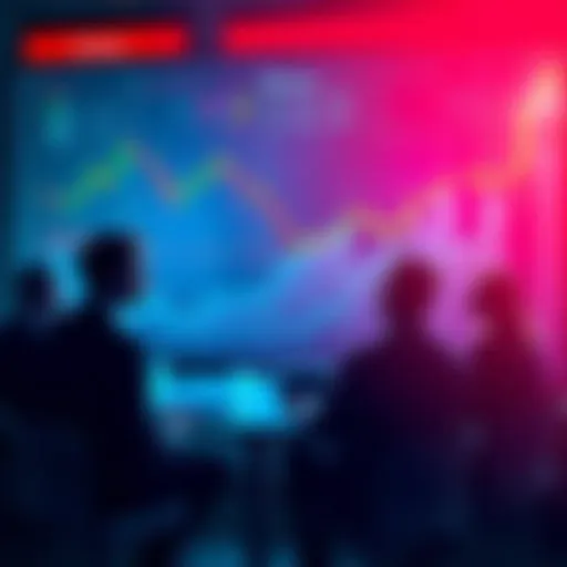 A group of people discussing cryptocurrency investments with charts and graphs in the background.