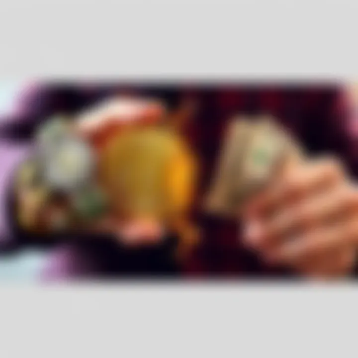 A split image showing a person holding a digital coin on one side and another person holding cash on the other side, symbolizing the debate over cryptocurrency's value and risks.