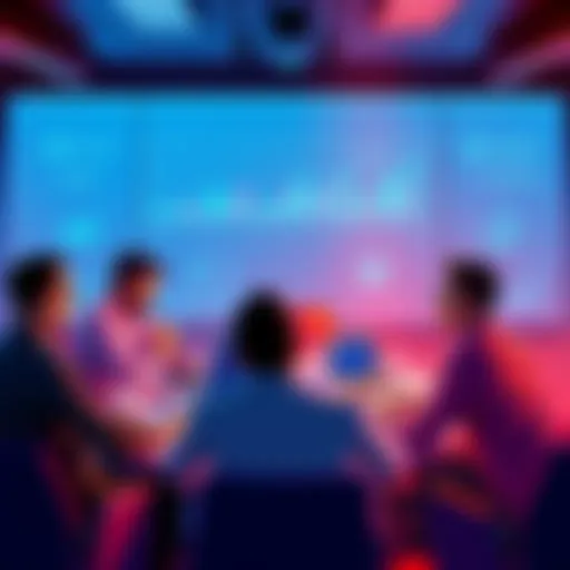 A group of people discussing cryptocurrency around a table with laptops and charts, showing contrasting opinions about its legitimacy as an investment.