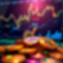 A digital representation of cryptocurrency coins with financial graphs in the background