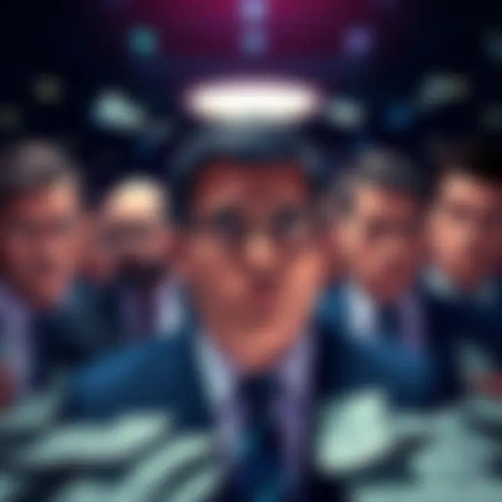 Representatives from cryptocurrency firms looking worried after the Illinois primaries results, with ballots and money in the background.