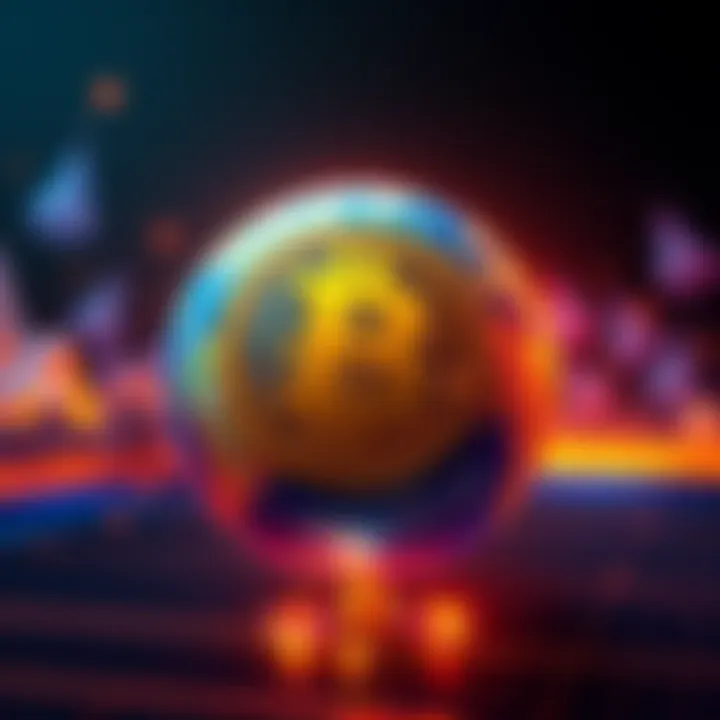 A golden cryptocurrency symbol placed over a globe, representing global finance and governance.