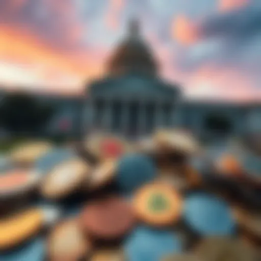 A collage of various cryptocurrency coins with a backdrop of a government building, symbolizing the clash between digital currency and traditional finance.