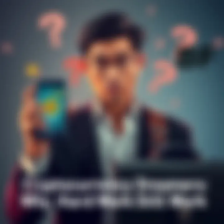 Person pondering between cryptocurrency and hard work Individual looking confused while holding a smartphone displaying cryptocurrency prices and a briefcase representing traditional work