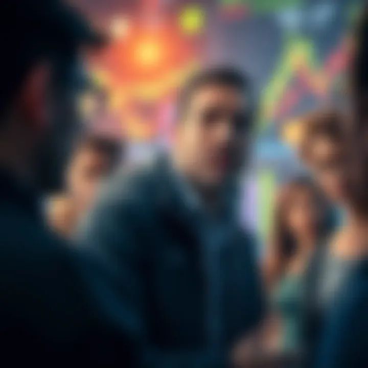 A cryptocurrency influencer speaking to a group of followers looking interested yet concerned, with charts and digital currency symbols in the background.