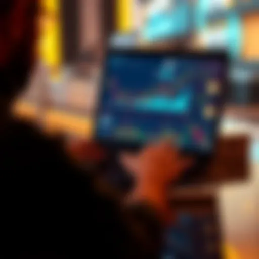 A person analyzing cryptocurrency trends on a laptop with graphs and charts on the screen