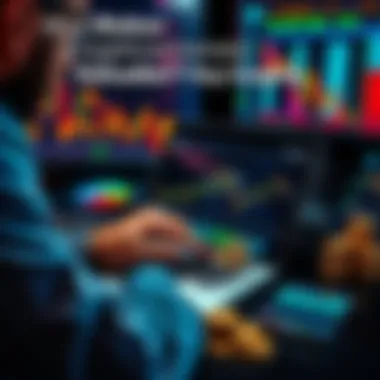 Person analyzing cryptocurrency charts on a laptop with digital coins and financial graphs around