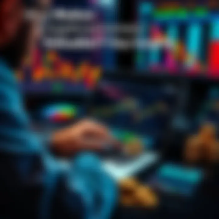 Person analyzing cryptocurrency charts on a laptop with digital coins and financial graphs around
