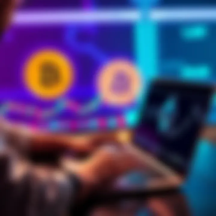 A person reviewing cryptocurrency charts on a laptop, with Bitcoin and Ethereum logos in the background, representing investment strategies.