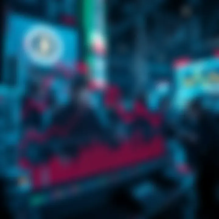 A graph showing a steep decline in cryptocurrency values, with traders looking worried and chaotic market activity in the background.