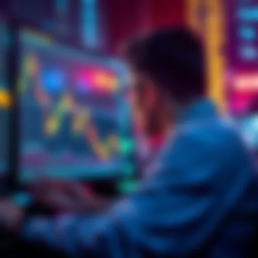 A person looking at a computer screen displaying falling cryptocurrency charts, contemplating whether to sell or hold their coins during a market decline.