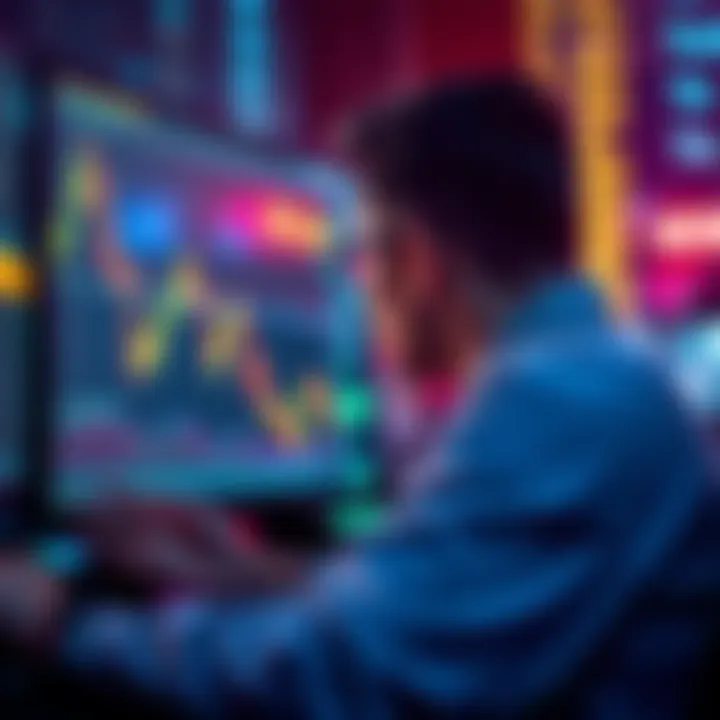 A person looking at a computer screen displaying falling cryptocurrency charts, contemplating whether to sell or hold their coins during a market decline.
