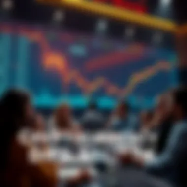 A digital chart showing cryptocurrency prices dropping below $50,000 with worried people discussing in a forum