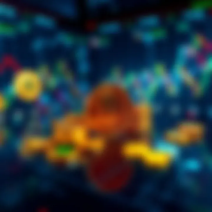 A visualization of various cryptocurrency coins following Bitcoin's price movements, with Monero symbol highlighted to show its unique position as a method of exchange.