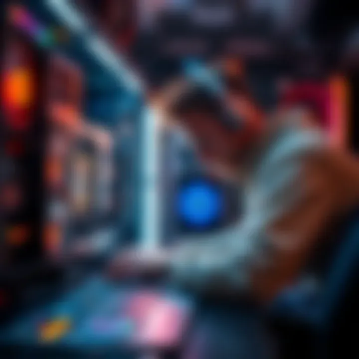 Cryptocurrency Mining Setup A person setting up a cryptocurrency mining rig with multiple graphic cards and computer equipment, focused on maximizing mining efficiency.