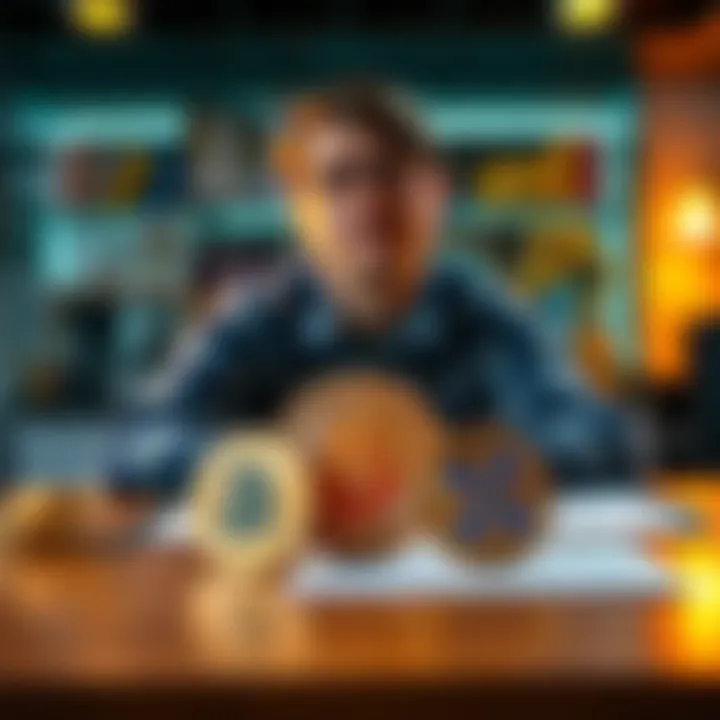 Cryptocurrency Options for Beginners A person considering cryptocurrency options with Bitcoin, HBAR, and XRP logos on a desk