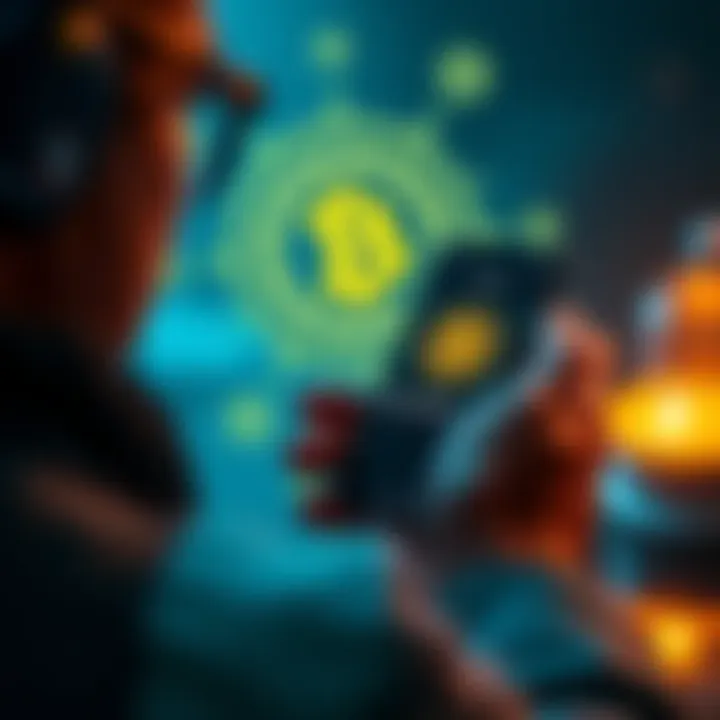 A person using Cake Wallet on their phone with symbols of XMR and cryptocurrency icons in the background