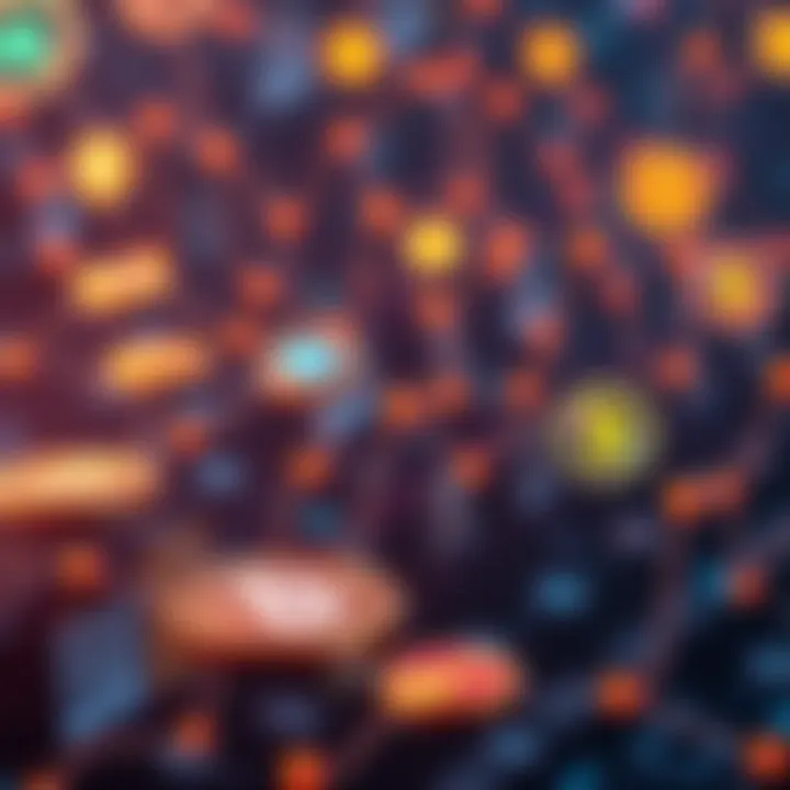 A visual representation of cryptocurrency payment systems with digital coins and payment icons connected by lines.