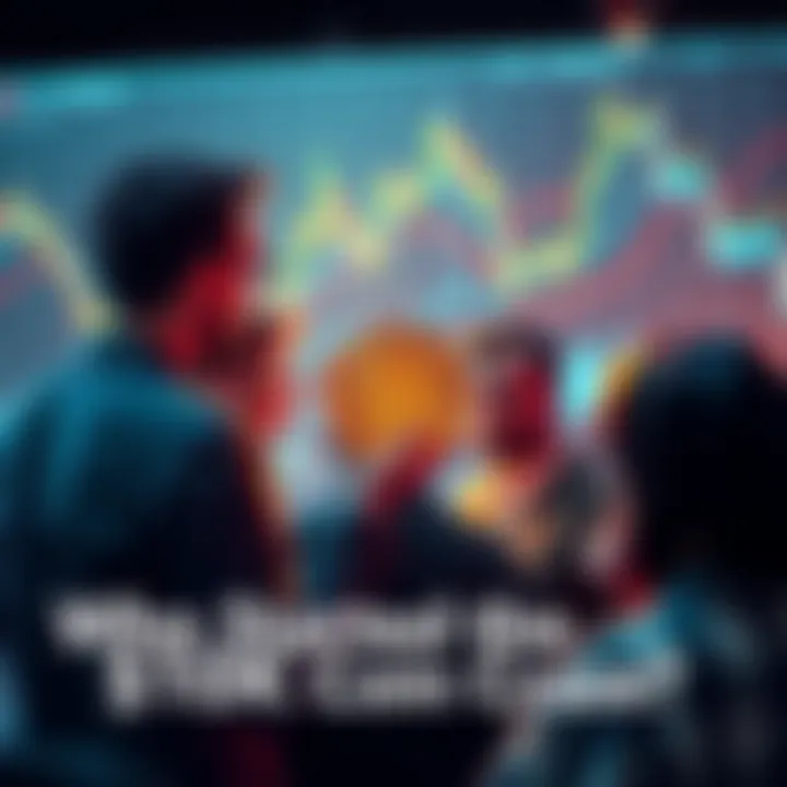 A group of people discussing cryptocurrency predictions with charts and graphs in the background