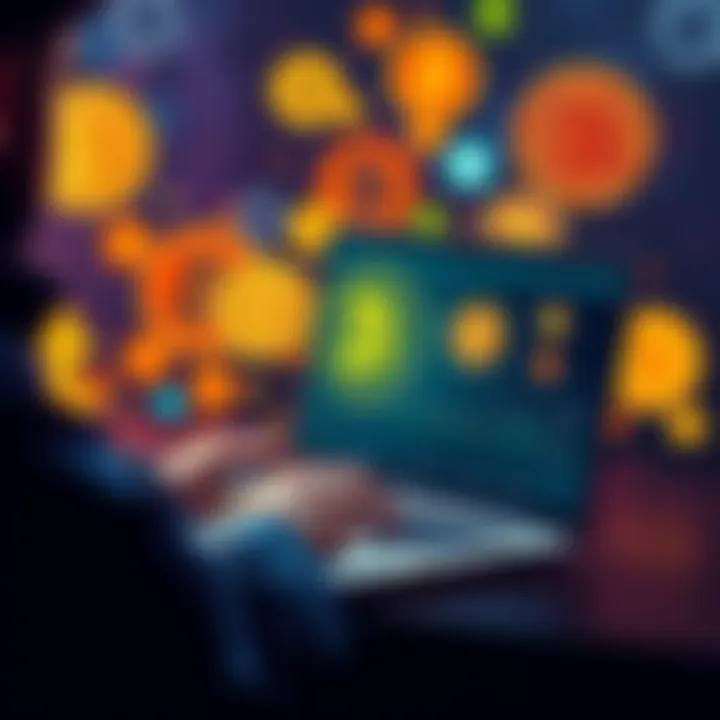 A person analyzing different cryptocurrencies on a laptop, considering staking options and potential yields, set against a backdrop of digital currency symbols.