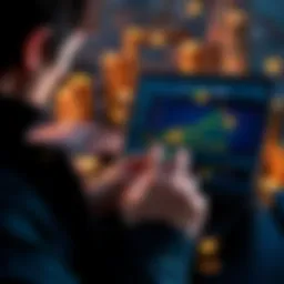 A person anxiously looking at fluctuating cryptocurrency charts on a laptop, surrounded by dollar bills and coins, representing financial anxiety.
