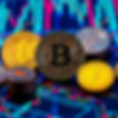 Various cryptocurrency symbols including Bitcoin, Litecoin, and Dogecoin on a digital background