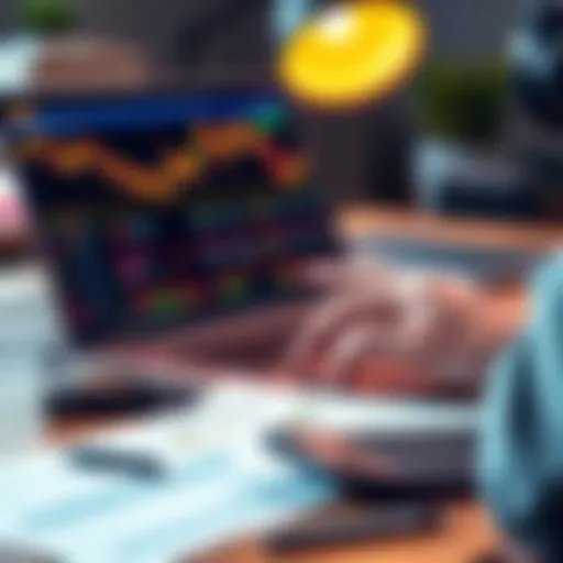 A person calculating taxes while looking at cryptocurrency exchanges on a laptop, with a calculator and tax forms on the desk.