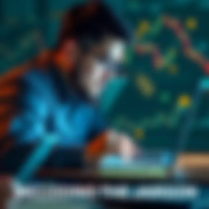 A person studying cryptocurrency jargon on a laptop with charts and graphs around them